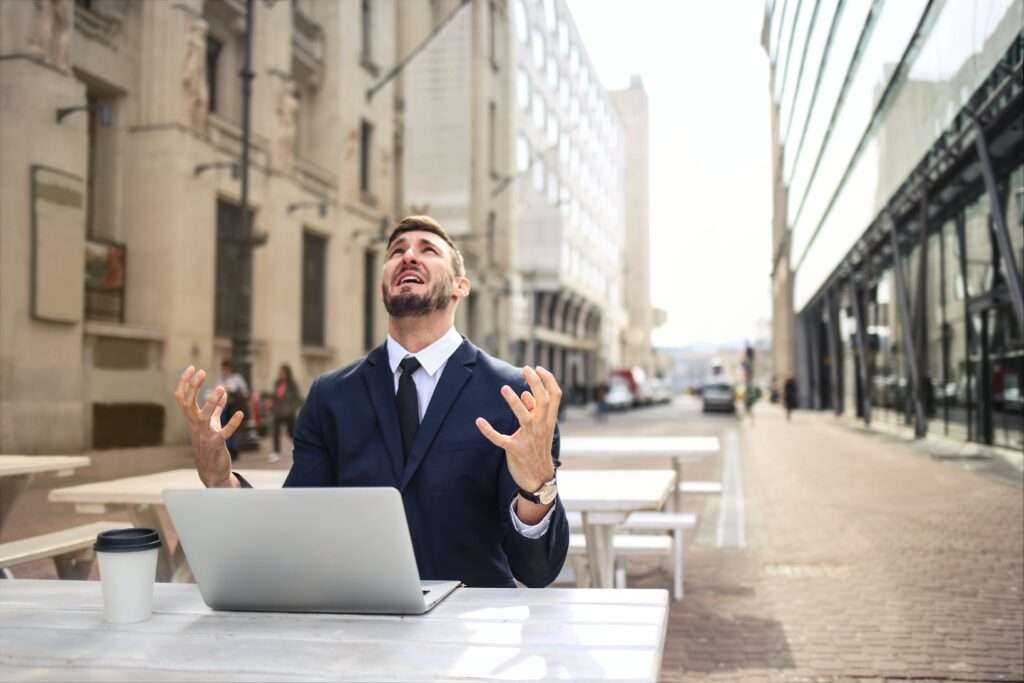 Frustrated man hears about the loss of his savings money in the bank when it failed. 